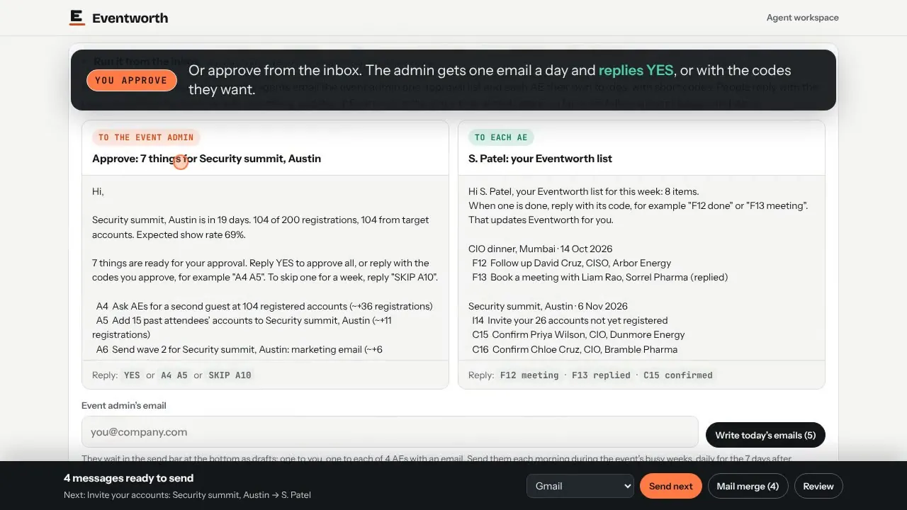 Or approve from your inbox: One email a day. Reply YES, or with the codes you approve.