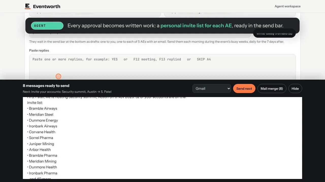 An invite for every AE: Each AE’s own accounts, a short event note and a landing-page link tagged to them, ready to send.