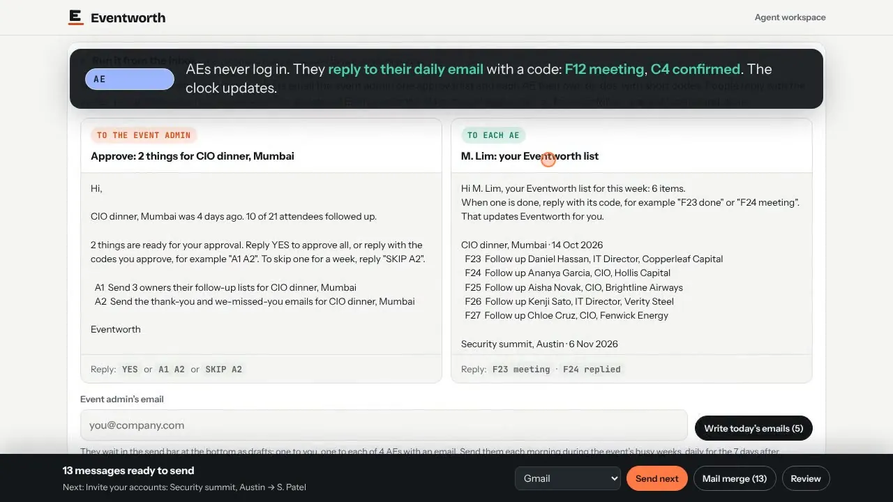 AEs reply with a code: No login. “F12 meeting”, “C4 confirmed”. The 24-hour clock updates.